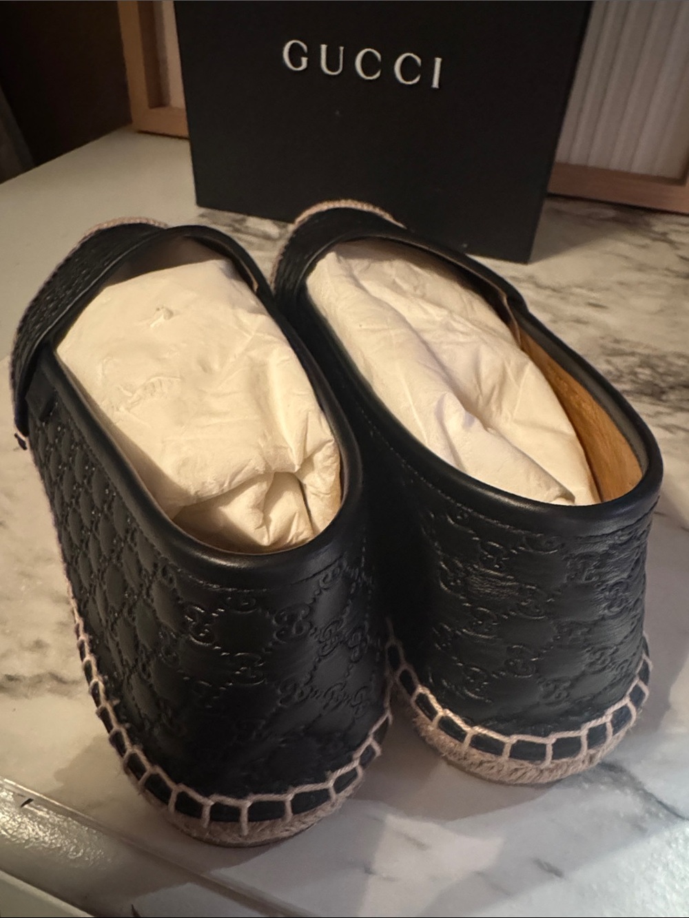 Gucci Black Leather Espadrille Slip-On Mules